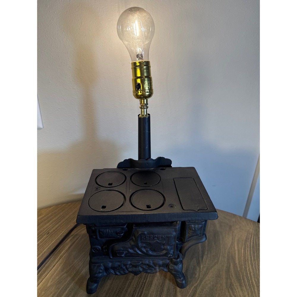 Vintage 70s Crescent Cast Iron Miniature Stove 13" Lamp Black Rustic Decor Works